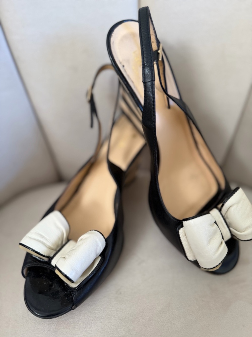 Kate Spade NY Isola Striped Wedge Slingback Sandals black white bow Shoes Y2K 8 - Picture 11 of 14